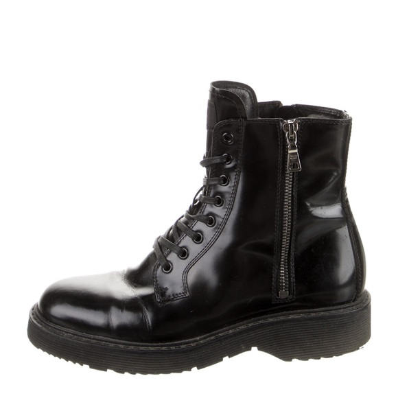 Prada Sport Black Double Zip Lace-Up Combat Boots - Picture 1 of 16